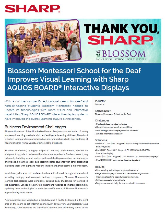 Sharp, Case Study, Blossom Montessori School For The Deaf, Aquos Board, Standard Digital Imaging